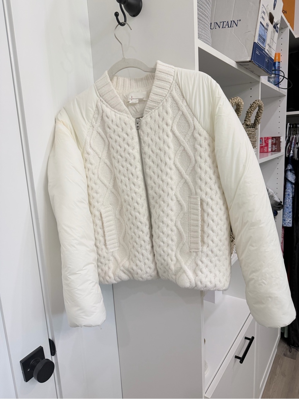 Anthropologie Ivory Cable Knit Quilted-Sleeve Bomber Jacket